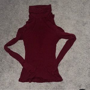 Emma & Sam Maroon Ribbed Fitted Turtle Neck Knit Top
